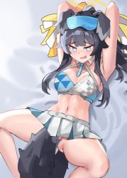 Rule 34 | 1girl, animal ears, areola slip, arms up, black hair, blue archive, blue eyes, blush, breasts, cleavage, crop top, dog ears, dog girl, dog tail, goggles, goggles on head, halo, hibiki (blue archive), hibiki (cheer squad) (blue archive), highres, long hair, lying, medium breasts, millennium cheerleader outfit (blue archive), miniskirt, no panties, on back, open mouth, pleated skirt, pom pom (cheerleading), simplecar, skirt, solo, tail