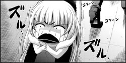 Rule 34 | 10s, 1girl, aoki hagane no arpeggio, blunt bangs, chibi, cloak, comic, crying, dragging, fur trim, greyscale, high heels, i-401 (aoki hagane no arpeggio), i-402 (aoki hagane no arpeggio), kaname aomame, kantai collection, long hair, monochrome, on floor, own hands together, sleeveless, streaming tears, sweatdrop, tears, tile floor, tiles, translation request, trembling, wide-eyed, wide face
