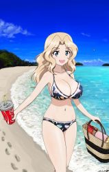 Rule 34 | 1girl, artist name, basket, beach, bikini, bird, black bikini, blonde hair, blue eyes, blue sky, breasts, bukkuri, cleavage, cloud, cloudy sky, coca-cola, commentary, cup, dated, day, disposable cup, drinking straw, footprints, girls und panzer, hair intakes, highres, holding, holding cup, kay (girls und panzer), large breasts, long hair, looking at viewer, navel, ocean, open mouth, print bikini, seagull, signature, sky, smile, solo, standing, swimsuit