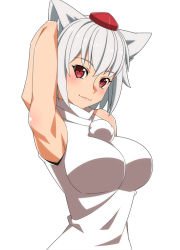 Rule 34 | 1girl, armpits, bare shoulders, blush, breasts, closed mouth, hat, impossible clothes, impossible shirt, inubashiri momiji, large breasts, looking at viewer, ra-pen, red eyes, shirt, short hair, sleeveless, sleeveless shirt, smile, solo, tokin hat, touhou, upper body, white hair, white shirt