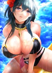 Rule 34 | 1girl, bare shoulders, bikini, black bikini, blue eyes, blue hair, breasts, byleth (female) (fire emblem), byleth (female) (summer) (fire emblem), byleth (fire emblem), fire emblem, fire emblem: three houses, flower, hair flower, hair ornament, highres, large breasts, long hair, medium hair, nintendo, open mouth, outstretched arm, pov, sky, smile, solo focus, swimsuit, tongari, water, wet
