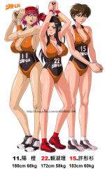 Rule 34 | 3girls, armpits, arms up, bandana, bare shoulders, basketball uniform, black hair, blush, breasts, brown hair, character name, cleavage, collarbone, covered navel, frown, ge xi, hair ribbon, huge breasts, large breasts, leotard, long hair, measurements, multiple girls, open mouth, original, ponytail, purple hair, ribbon, rope, shoes, short hair, sideboob, simple background, sneakers, sportswear, watermark, web address, white background, wristband, yellow eyes