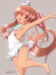 Rule 34 | 1girl, arm up, armpits, bare legs, bare shoulders, breasts, brown hair, dark-skinned female, dark skin, fang, hair ornament, hair ribbon, highres, kantai collection, libeccio (kancolle), long hair, neckerchief, no bra, one eye closed, open mouth, panties, ribbon, sideboob, small breasts, smile, solo, striped clothes, striped panties, tamayan, twintails, twitter username, underwear
