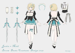 Rule 34 | 1girl, absurdres, between breasts, black dress, black ribbon, blonde hair, blue eyes, blue skirt, breasts, brown dust 2, character name, copyright name, dress, frilled straps, from behind, full body, hair between eyes, highres, juliet sleeves, justia (brown dust), large breasts, large ribbon, light blush, long sleeves, maid headdress, multiple views, open mouth, puffy sleeves, purplejelly, ribbon, side ponytail, skirt, smile, star (symbol), sword, thigh strap, tiptoes, two-tone ribbon, weapon, white ribbon