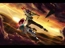 Rule 34 | 1boy, 1girl, battle, blood, boots, djwaglmuffin, injury, letterboxed, luna inverse, no eyes, pants, purple hair, red hair, shoes, short hair, slayers, staff, xelloss