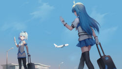 Rule 34 | 2girls, ahoge, aircraft, airplane, bili girl 22, bili girl 33, bilibili, black legwear, blue hair, blue skirt, facing another, gloves, highres, holding, holding phone, long hair, looking at another, mool yueguang, multiple girls, phone, puffy short sleeves, puffy sleeves, red eyes, short hair, short sleeves, side ponytail, skirt, suitcase, thighhighs, waving, white gloves