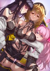Rule 34 | 3girls, ahoge, anis (nikke), bare shoulders, belt, beret, between breasts, bikini, bikini top only, black belt, black bikini, black gloves, black hair, black headwear, black jacket, black leotard, black shorts, black thighhighs, blonde hair, blunt bangs, blush, breasts, brick (atelier brick), brown eyes, chain, chain leash, chest harness, cleavage, closed mouth, collarbone, collared shirt, commentary request, cosplay, cowboy shot, dutch angle, earclip, fingerless gloves, gloves, goddess of victory: nikke, grey gloves, groin, hair between eyes, hair ribbon, harness, hat, highres, holding, holding whip, hug, jacket, large breasts, latex, leash, leather bikini, leotard, leotard under clothes, long hair, long sleeves, looking at another, looking at viewer, midriff, mihara (nikke), mihara (nikke) (cosplay), mole, mole under mouth, multiple girls, o-ring, o-ring harness, o-ring top, open mouth, parted lips, pink hair, pink ribbon, purple eyes, revision, ribbon, shirt, shirt tucked in, short hair, short shorts, shorts, sidelocks, single glove, skindentation, small breasts, smile, standing, strap between breasts, swimsuit, tears, thigh strap, thighhighs, whip, white shirt, yuni (nikke), yuri