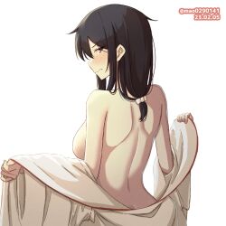 Rule 34 | 1girl, back, blush, breasts, closed mouth, commentary request, dated, embarrassed, from behind, japanese clothes, kantai collection, kimono, large breasts, long hair, looking at viewer, looking back, low-tied long hair, m.a.o, nude, one-hour drawing challenge, profile, red eyes, shoulder blades, solo, twitter username, undressing, wavy mouth, white background, white kimono, wide sleeves, yamashiro (kancolle)