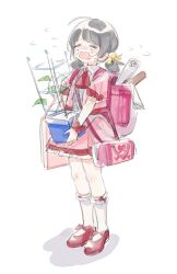 Rule 34 | 1girl, ascot, backpack, bag, black hair, closed eyes, collared shirt, crying, flower pot, flying sweatdrops, frilled socks, frills, full body, furrowed brow, hair bobbles, hair ornament, highres, holding, holding flower pot, jacket, kaai yuki, kneehighs, low twintails, medaka h2, medium hair, open clothes, open jacket, open mouth, pink bag, pink jacket, pink skirt, plant, potted plant, puffy short sleeves, puffy sleeves, raised eyebrows, randoseru, red ascot, red footwear, shirt, shoes, short sleeves, short twintails, shoulder bag, simple background, skirt, socks, solo, standing, trellis, twintails, vocaloid, wavy mouth, white background, white shirt, white socks, wrist cuffs