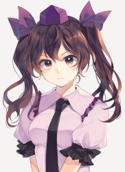 Rule 34 | 1girl, absurdres, black bow, black bowtie, bow, bowtie, breasts, brown eyes, brown hair, commentary request, frilled shirt collar, frills, grey background, hair between eyes, hair ribbon, hat, highres, himekaidou hatate, kaede (mmkeyy), long hair, looking at viewer, medium breasts, partial commentary, puffy short sleeves, puffy sleeves, purple ribbon, ribbon, short sleeves, simple background, solo, tokin hat, touhou, twintails, upper body