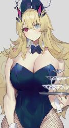 Rule 34 | 1girl, bare shoulders, blonde hair, blue eyes, breasts, cleavage, cocktail glass, cup, drinking glass, barghest (fate), fate/grand order, fate (series), fishnet pantyhose, fishnets, heterochromia, horns, large breasts, leotard, long hair, looking at viewer, pantyhose, playboy bunny, red eyes, revision, solo, tan (inka), tray