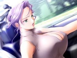 Rule 34 | 1girl, breasts, car, car interior, cleavage, female focus, green eyes, hair ornament, huge breasts, lipstick, makeup, motor vehicle, nature, outdoors, plant, purple hair, sano toshihide, sitting, solo, upper body, vehicle