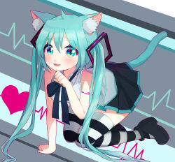 Rule 34 | 1girl, animal ears, aqua eyes, aqua hair, bad id, bad pixiv id, bow, bowtie, cat ears, cat tail, fang, hatsune miku, long hair, mirei, paw pose, skirt, solo, striped clothes, striped thighhighs, tail, thighhighs, twintails, vocaloid