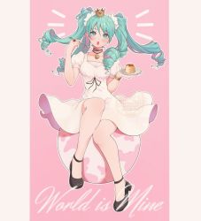 Rule 34 | 1girl, ^^^, ankle strap, aqua eyes, aqua hair, artist name, black footwear, black ribbon, bracelet, breasts, collarbone, crown, curly hair, dessert, dot nose, dress, earth (planet), english text, eyelashes, floating hair, food, full body, gold bracelet, hands up, hatsune miku, holding, holding plate, holding spoon, instagram logo, jewelry, knee up, light blush, mary janes, medium breasts, mini crown, outline, parted bangs, parted lips, pendant, pillarboxed, pink background, planet, plate, pudding, puffy short sleeves, puffy sleeves, ribbon, shoes, short sleeves, simple background, sitting, solo, song name, spoon, swept bangs, tareme, teeth, text focus, twintails, twitter logo, two-tone background, upper teeth only, vocaloid, white background, white dress, white outline, wide-eyed, world is mine (vocaloid), zumaryn