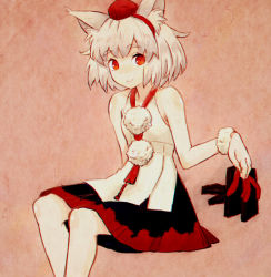 Rule 34 | 1girl, animal ears, bare shoulders, eyebrows, geta, hat, inubashiri momiji, jean (jean sp), looking at viewer, pom pom (clothes), red eyes, sandals, unworn sandals, shirt, short hair, simple background, sitting, skirt, sleeveless, sleeveless shirt, smile, solo, thick eyebrows, tokin hat, touhou, white hair, wolf ears