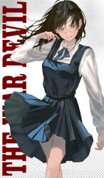 Rule 34 | 1girl, absurdres, arm at side, black dress, black hair, blue dress, bow, bowtie, chainsaw man, collared shirt, cowboy shot, crossed legs, daidai neroli, dress, english text, floating hair, fourth east high school uniform, grey dress, hair flip, hand up, highres, long hair, long sleeves, looking at viewer, parted lips, pinafore dress, pleated dress, ringed eyes, scar, scar on face, school uniform, shirt, sleeveless, sleeveless dress, smile, smirk, solo, standing, walking, white background, white shirt, wind, yellow eyes, yoru (chainsaw man)