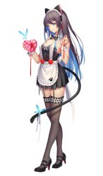 Rule 34 | 1girl, animal ears, apron, blue eyes, box, breasts, brown hair, cat ears, cat tail, detached collar, earrings, frilled apron, frills, full body, garter straps, heart, heart-shaped box, heart earrings, high heels, highres, jewelry, long hair, looking at viewer, maid, mary janes, ribbon, sangai senki, shoes, smile, solo, strappy heels, tail, tail ornament, tail ribbon, thighhighs, tidsean, transparent background, wrist cuffs
