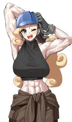 Rule 34 | 1girl, abs, armpits, arms behind head, arms up, bare shoulders, biceps, black shirt, blonde hair, blue eyes, blush, breasts, brown pants, creatures (company), game freak, gloves, grey gloves, hard hat, helmet, highres, large breasts, long hair, looking at viewer, midriff, muscular, muscular female, mx2j, navel, nintendo, open mouth, pants, pokemon, pokemon swsh, shirt, sleeveless, sleeveless shirt, smile, solo, sweat, worker (pokemon)