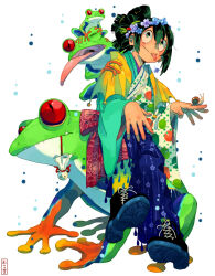 1girl alternate_costume asui_tsuyu black_footwear blush boku_no_hero_academia boots colored_sclera frog frog_girl furisode green_hair hair_between_eyes japanese_clothes kimono long_hair long_tongue nekodou_(yukatin1000) one_eye_closed red_sclera simple_background sitting_on_animal smile snail teruterubouzu tongue tongue_out tsubushi_shimada