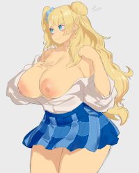 Rule 34 | 1girl, absurdres, blonde hair, blue eyes, blue scrunchie, breasts, breasts out, earrings, embarrassed, galko, grey background, highres, jewelry, large breasts, long hair, looking away, nail polish, nipples, no bra, oshiete! galko-chan, scrunchie, shirt, simple background, skirt, solo, white shirt