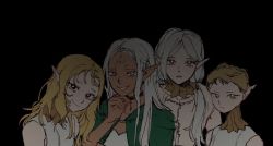 Rule 34 | 1boy, 3girls, androgynous, bad id, bad twitter id, black background, black choker, black eyes, blonde hair, choker, cithis, closed mouth, dark-skinned female, dark skin, detached collar, dungeon meshi, elf, fleki, grey hair, grin, looking at viewer, low twintails, lycion, multiple girls, notched ear, otta (dungeon meshi), parted lips, pointy ears, short hair, simple background, smile, twintails, very short hair, yp (pypy 5 )