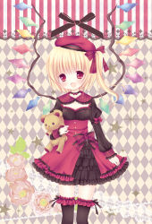 Rule 34 | 1girl, alternate costume, argyle, argyle background, argyle clothes, bad id, bad pixiv id, black dress, black thighhighs, blonde hair, blush, dress, fang, female focus, flandre scarlet, flower, hair ribbon, hat, juliet sleeves, layered dress, long sleeves, looking at viewer, mizuse ruka, open mouth, puffy sleeves, red dress, red eyes, red skirt, ribbon, side ponytail, skirt, smile, solo, star (symbol), stuffed animal, stuffed toy, teddy bear, thighhighs, touhou, wings, zettai ryouiki