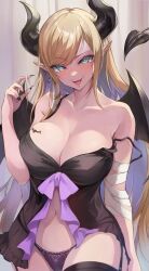 Rule 34 | 1girl, alternate costume, bandaged arm, bandages, bare shoulders, black horns, black nails, black panties, black wings, blonde hair, breasts, cleavage, collarbone, commentary request, covered navel, demon girl, demon horns, demon tail, demon wings, fingernails, green eyes, highres, hololive, horns, lace, lace panties, large breasts, lingerie, looking at viewer, multicolored background, nail polish, omoti (1201208), panties, parted bangs, pointy ears, sharp fingernails, solo, strap slip, swept bangs, tail, tongue, tongue out, underwear, upper body, virtual youtuber, wings, yuzuki choco