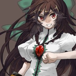 Rule 34 | absurdres, arm cannon, black hair, bow, braid, breasts, brown background, cape, green ribbon, hair bow, hair ornament, hair ribbon, highres, long hair, looking at viewer, red eyes, reiuji utsuho, ribbon, simple background, smile, solo, third eye, totobuki, touhou, twin braids, very long hair, weapon, wings