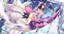 Rule 34 | 1girl, :o, bare shoulders, black hair, breasts, cleavage, detached sleeves, dk.senie, dress, headdress, highres, horns, large breasts, long hair, monster girl, original, panties, purple eyes, resolution mismatch, solo, source smaller, strapless, strapless dress, tail, thighhighs, underwear, white thighhighs