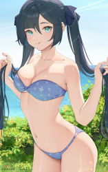 Rule 34 | 1girl, :q, absurdres, alternate costume, bare arms, bare shoulders, bikini, black hair, black ribbon, blue bikini, blue sky, breasts, cleavage, collarbone, commentary request, cowboy shot, day, front-tie top, genshin impact, grass, green eyes, hair between eyes, hair ribbon, highres, holding, holding hair, large breasts, long hair, looking at viewer, mona (genshin impact), navel, outdoors, paid reward available, patreon username, ribbon, rosumerii, sidelocks, sky, solo, star (symbol), star print, stomach, strapless, strapless bikini, swept bangs, swimsuit, thighs, tongue, tongue out, twintails, water