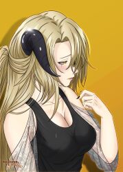 Rule 34 | 1girl, artist name, bare shoulders, black horns, black nails, black tank top, blonde hair, blush, breasts, cleavage, closed mouth, clothing cutout, collarbone, commentary, copyright name, crying, crying with eyes open, dragon girl, english commentary, fingernails, glint, hair between eyes, half updo, hand up, highres, horns, imlyra, large breasts, long fingernails, long hair, nail polish, parted bangs, personification, raised eyebrows, see-through, see-through sleeves, short sleeves, shoulder cutout, sidelocks, signature, simple background, solo, sylvie, tank top, tears, the beginning after the end, upper body, yellow background, yellow eyes