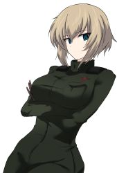 Rule 34 | 1girl, absurdres, aged up, aikir (jml5160), blonde hair, blue eyes, closed mouth, commentary, crossed arms, dutch angle, girls und panzer, glaring, green jumpsuit, highres, insignia, jumpsuit, katyusha (girls und panzer), light frown, looking at viewer, one-hour drawing challenge, pravda military uniform, short hair, simple background, solo, standing, white background