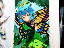 Rule 34 | 1girl, aqua hair, arms behind back, bad id, bad twitter id, blush, butterfly wings, closed mouth, cowboy shot, dress, eternity larva, fairy, green dress, hair between eyes, insect wings, multicolored clothes, multicolored dress, orange eyes, photo (medium), qqqrinkappp, short hair, short sleeves, single strap, smile, solo, third-party source, touhou, wings