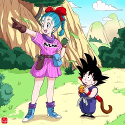 Rule 34 | 1boy, 1girl, ankle boots, aqua eyes, aqua hair, belt, black eyes, black hair, blue sky, boots, bow, braid, braided ponytail, brown gloves, bulma, bush, character name, chris re5, clothes writing, cloud, day, dougi, dragon ball, dragon ball (classic), dragon ball (object), dragon radar, dress, gloves, gun, hair bow, hair ribbon, hair tie, handgun, highres, holster, looking at another, martial arts belt, monkey tail, mountain, open mouth, outdoors, pink dress, pointing, pouch, red bow, red ribbon, ribbon, ruyi jingu bang, shoes, short dress, short sleeves, signature, single braid, single glove, sky, smile, sneakers, son goku, standing, sweatdrop, tail, teenage girl and younger boy, toriyama akira (style), tree, utility pole, weapon