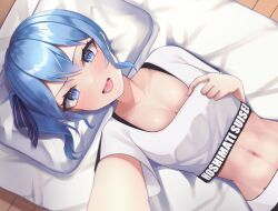 Rule 34 | 1girl, :d, blue eyes, blue hair, breasts, character name, cleavage, clothes pull, commentary request, cropped shirt, from above, hair between eyes, hair ribbon, head on pillow, hololive, hololive dance practice uniform, hoshimachi suisei, indoors, long hair, looking at viewer, lying, midriff, navel, official alternate costume, on back, on bed, open mouth, pulling own clothes, ribbon, shachihoko (syatihokomaru), shirt, shirt pull, short sleeves, side ponytail, small breasts, smile, solo, star (symbol), star in eye, symbol in eye, teasing, virtual youtuber, white shirt