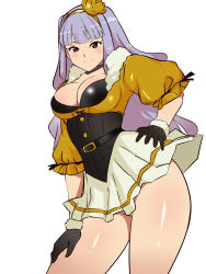 Rule 34 | 1girl, belt, beyond the nobles, black gloves, breasts, choker, cleavage, female focus, fur trim, gloves, hairband, hand on own hip, hand on leg, hand on own leg, hand on own thigh, hand on thigh, highres, idolmaster, idolmaster (classic), kagemusha, large breasts, long hair, purple hair, red eyes, shijou takane, silver hair, simple background, skirt, smile, solo, thighs, white background