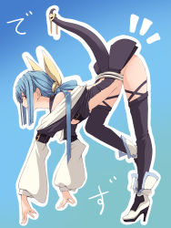 Rule 34 | 1girl, ^^^, bent over, blue background, blue hair, dizzy (guilty gear), guilty gear, high heels, high ponytail, highres, long sleeves, no panties, noraico, outline, puffy long sleeves, puffy sleeves, red eyes, ribbon, sidelocks, tail, tail ornament, tail ribbon, thighhighs, top-down bottom-up