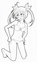 Rule 34 | 1girl, bikini, breasts, highres, lineart, long hair, looking at viewer, monochrome, open mouth, original, shiropuni, smile, solo, swimsuit, twintails