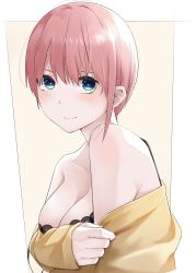 Rule 34 | 1girl, aqua eyes, asymmetrical hair, black bra, blush, bra, breasts, cardigan, cleavage, go-toubun no hanayome, highres, lace, lace-trimmed bra, lace trim, long sleeves, looking at viewer, mame1645, medium breasts, nakano ichika, pink hair, short hair, simple background, smile, solo, underwear, upper body, yellow cardigan