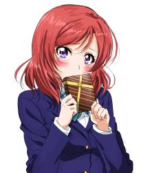 Rule 34 | 1girl, blazer, blue bow, blue bowtie, blush, bow, bowtie, box, commentary request, covering own mouth, gift, gift box, highres, holding, holding box, holding gift, jacket, long sleeves, looking at viewer, love live!, love live! school idol project, medium hair, nishikino maki, otonokizaka school uniform, purple eyes, red hair, school uniform, shogo (4274732), simple background, sketch, solo, striped bow, striped bowtie, striped clothes, striped neckwear, upper body, white background