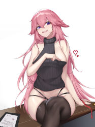 Rule 34 | 1girl, absurdres, bare shoulders, black thighhighs, breasts, genshin impact, highres, hs (user hvww8443), large breasts, long hair, looking at viewer, purple eyes, simple background, sitting, sleeveless, sleeveless turtleneck, smile, solo, sweater, thighhighs, turtleneck, turtleneck sweater, white background, yae miko