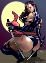 Rule 34 | 1girl, artist name, ass, ass focus, blue leotard, breasts, butt crack, curvy, elee0228, full body, highleg, highleg leotard, highres, holding, holding sword, holding weapon, huge ass, katana, large breasts, legs apart, leotard, lips, long hair, looking at viewer, looking back, marvel, night, night sky, psylocke, purple eyes, purple hair, red sash, sash, shiny skin, skindentation, sky, solo, squatting, standing, sword, thong leotard, weapon, wide hips, x-men