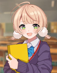 Rule 34 | 1girl, :d, ahoge, blue bow, blue bowtie, blunt bangs, blurry, blurry background, book, bow, bowtie, chalkboard, classroom, collared shirt, desk, dot nose, highres, holding, holding book, indie virtual youtuber, indoors, light brown hair, looking at viewer, low twintails, no no no no ko, open mouth, pom pom (clothes), purple sweater, school desk, shigure ui (vtuber), shigure ui (vtuber) (1st costume), shirt, short hair, short twintails, sidelocks, sleeve cuffs, smile, sweater, twintails, virtual youtuber