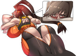 Rule 34 | 1girl, ass, ass cutout, blush, breast press, breasts, chaps, clothes, clothing cutout, curvy, dnf duel, dungeon and fighter, female focus, fighter (dungeon and fighter), gamjasssak, highres, huge breasts, hugging object, large breasts, looking back, lying, muscular, muscular female, pillow, pillow grab, pillow hug, ponytail, revealing clothes, simple background, solo, thick thighs, thighs, white background