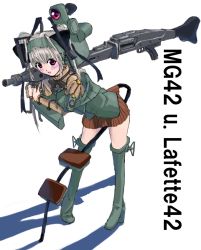 Rule 34 | 1girl, blush, boots, brown skirt, cross, english text, green footwear, grey hair, gun, hair ornament, iron cross, jacket, leaning forward, machine gun, mecha musume, mg 42, military, military jacket, open mouth, original, over shoulder, red eyes, shadow, short twintails, skirt, solo, standing, thighhighs, twintails, weapon, world war ii
