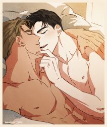 Rule 34 | 2boys, abs, arm around shoulder, black eyes, black hair, blonde hair, blush, couple, cuddling, dated, ed talbot, glenn mcqueen, jaxx s2, male focus, multiple boys, muscular, muscular male, nipples, open mouth, pectorals, signature, smile, under covers, walk on water, yaoi