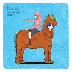 Rule 34 | 2girls, album cover, album cover redraw, animal costume, blue background, blue hair, bocchi the rock!, costume, cover, derivative work, el cuarteto de nos, gotoh hitori, hair ornament, highres, jewelry, kanekid 14, multiple girls, necklace, parody, pink hair, pink track suit, pony (animal), sitting, sitting on animal, track suit, yamada ryo, yellow eyes