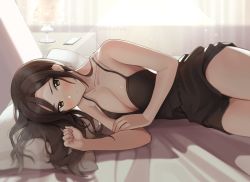 Rule 34 | 1girl, backlighting, bare arms, bare shoulders, bed sheet, black shorts, blush, breasts, brown eyes, brown hair, camisole, cellphone, cleavage, closed mouth, collarbone, commentary, desk lamp, hand on own arm, high-waist shorts, highres, idolmaster, idolmaster cinderella girls, indoors, lamp, large breasts, long hair, looking at viewer, lying, mukai takumi, nightstand, on bed, on side, parted bangs, phone, pilot suit, shangzi, shorts, side ponytail, sleeveless, smartphone, solo, twitter username