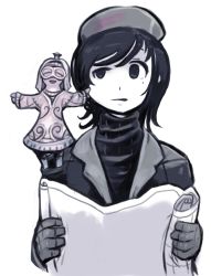 Rule 34 | 1boy, 1girl, :d, black hair, black jacket, black sweater, cheek pinching, closed eyes, doguu, gloves, goggles, golem, grey gloves, grey hat, hat, holding, idon, jacket, looking at another, map, mini person, minigirl, mole, mole under eye, monster girl, on shoulder, open mouth, original, outstretched arms, pinching, ribbed sweater, short hair, simple background, smile, spread arms, sweater, upper body, white background