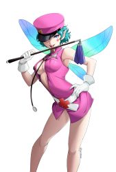 Rule 34 | 1girl, absurdres, bare legs, blue eyes, blue hair, blue wings, breasts, cleavage, gloves, hand on own hip, hat, highres, holding, holding staff, igusaharu, medium breasts, naked shirt, open clothes, open shirt, persona, persona 2, pink hat, pink shirt, police hat, shirt, short hair, simple background, sleeveless, sleeveless shirt, solo, staff, stethoscope, tongue, tongue out, trish (persona), twitter username, white background, white gloves, wings